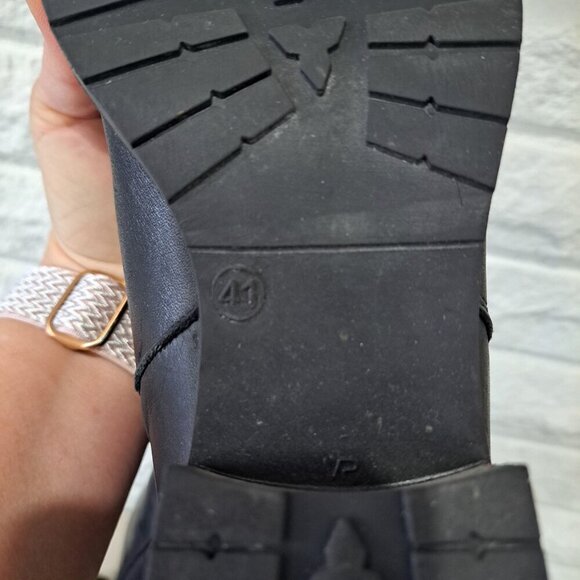 Eric Michael Women's  10.5 Boot Black Leather Knee High Rubber Stacked Wood Heel - Picture 11 of 13